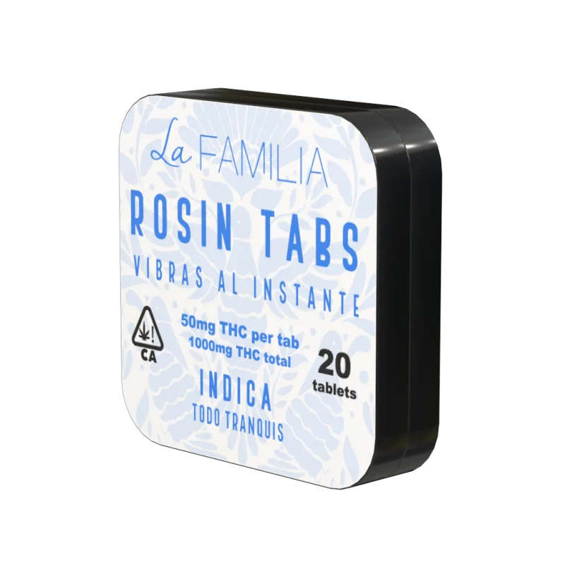 Blue La Familia Rosin Tabs tin, Indica, Todo Tranquis, 50mg THC per tab.