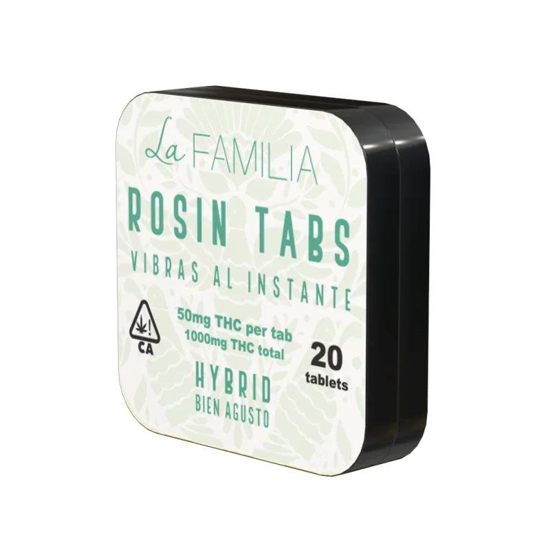 Green La Familia Rosin Tabs tin, Hybrid, Bien Agusto, 50mg THC per tab.