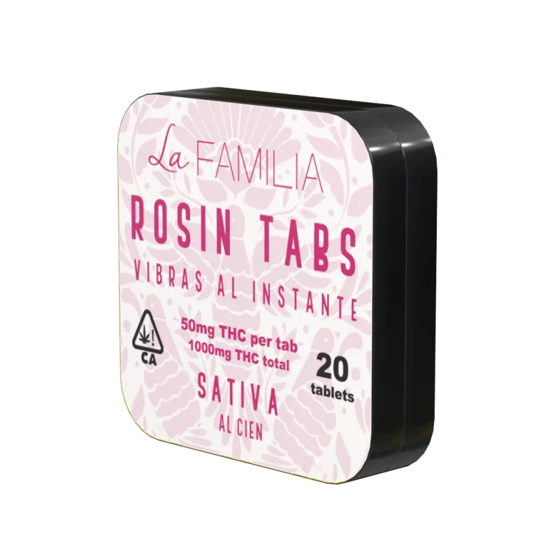 Pink La Familia Rosin Tabs tin, Sativa, Al Cien, 50mg THC per tab.
