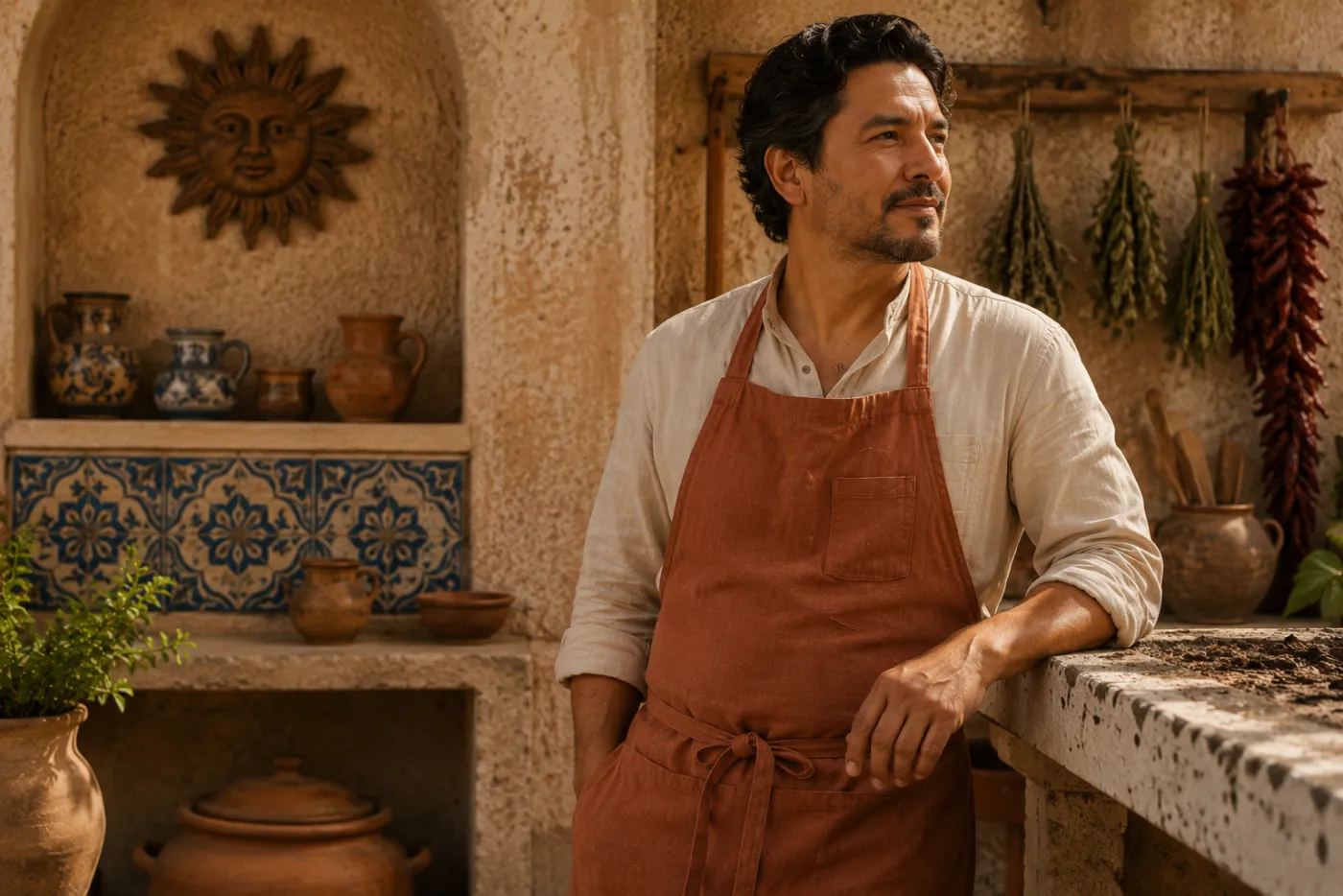 A Mexican chocolatier in an apron resting against a stone counter in a sunlit traditional kitchen with talavera tile, clay pottery, and drying chiles and herbs.